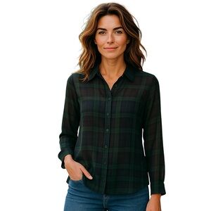 LORD & TAYLOR Sheer Plaid Green & Blue Blouse Top Women Sz Small Office